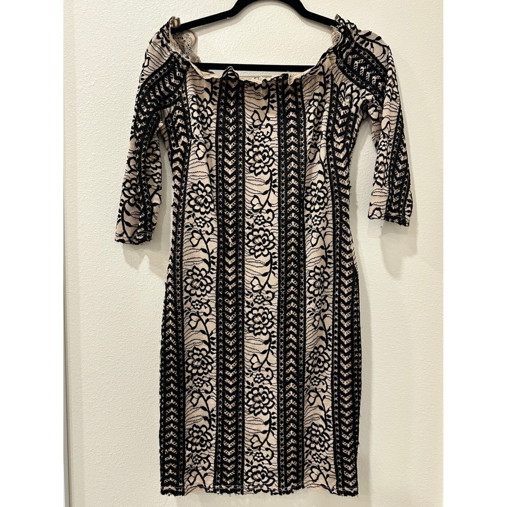 Vintage Fashion Magazine Black Lace Floral Off Shoulder Bodycon Dress 3/4 Sleeve